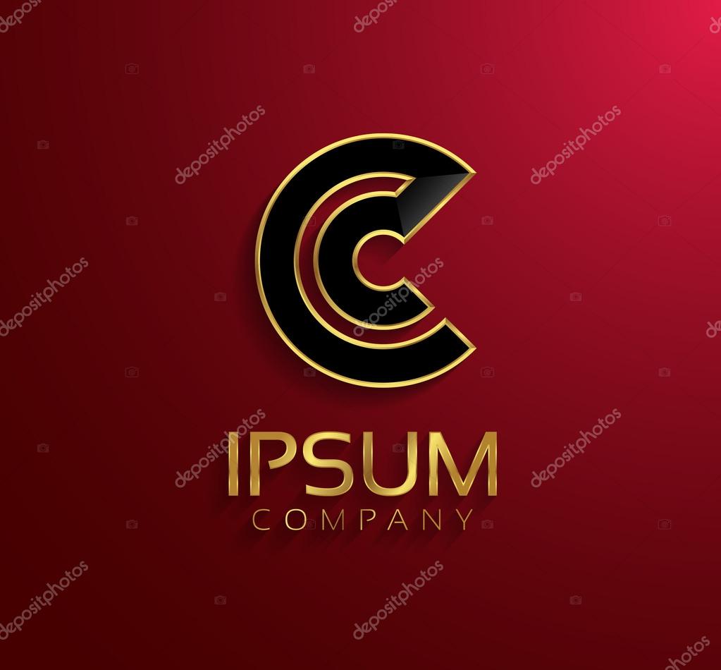 Shiny golden themed metallic 3D symbol capital letter C - uppercase isolated on claret