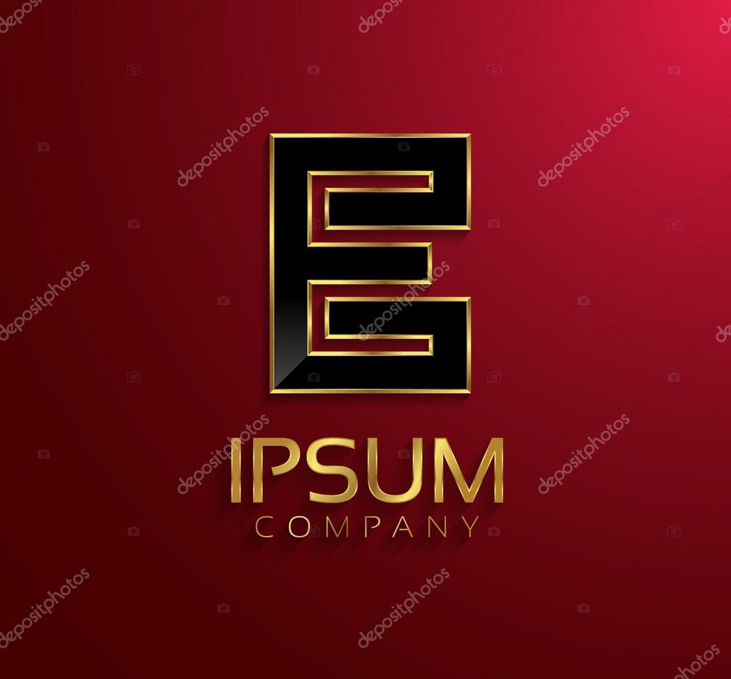 Shiny golden themed metallic 3D symbol capital letter E - uppercase isolated on claret