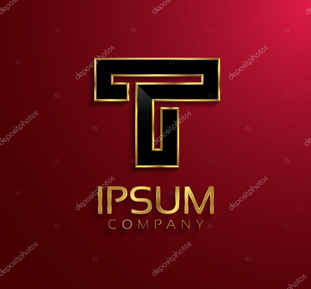 Shiny golden themed metallic 3D symbol capital letter T - uppercase isolated on claret