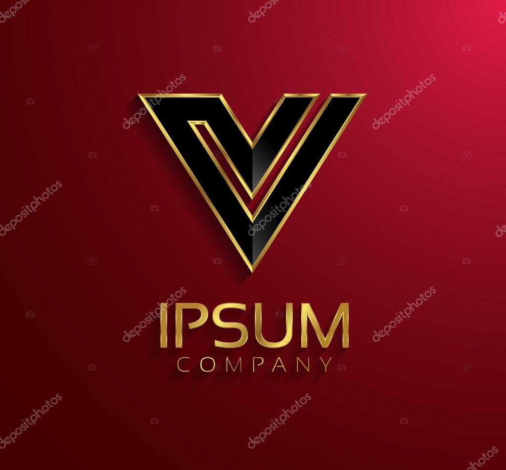 Shiny golden themed metallic 3D symbol capital letter V - uppercase isolated on claret