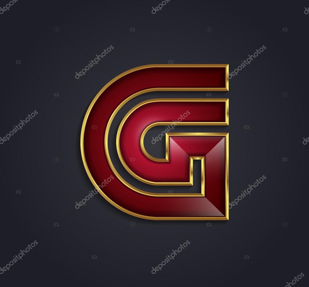 Golden and ruby themed shining metallic 3D symbol capital letter G - uppercase isolated on black