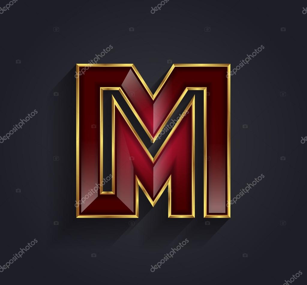 Golden and ruby themed shining metallic 3D symbol capital letter M - uppercase isolated on black