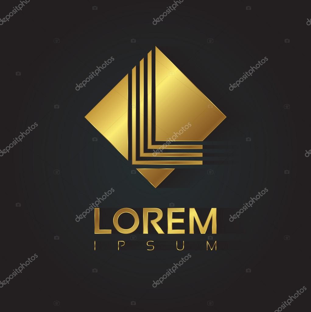 Vector graphic golden square alphabet symbol with striped letter. Letter L