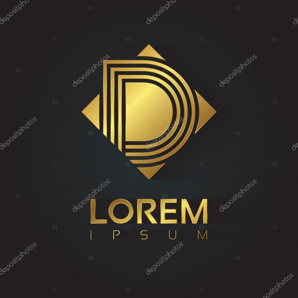 Vector graphic golden square alphabet symbol with striped letter. Letter D