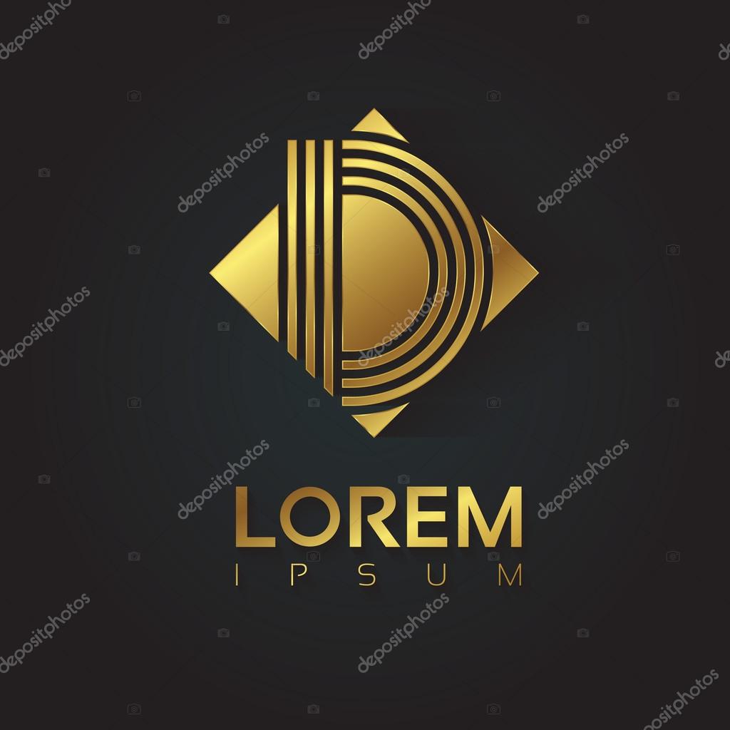 Vector graphic golden square alphabet symbol with striped letter. Letter D