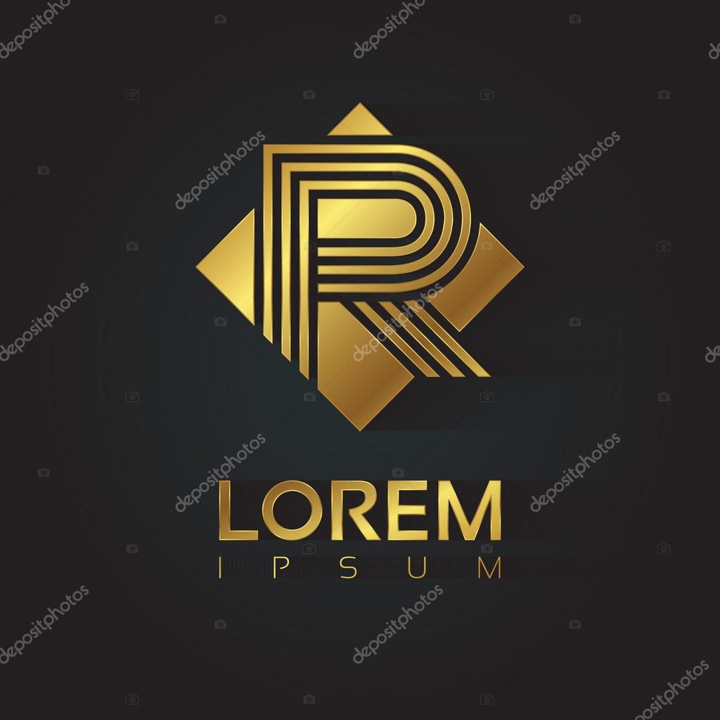 Vector graphic golden square alphabet symbol with striped letter. Letter R