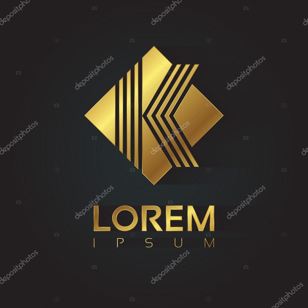 Vector graphic golden square alphabet symbol with striped letter. Letter K