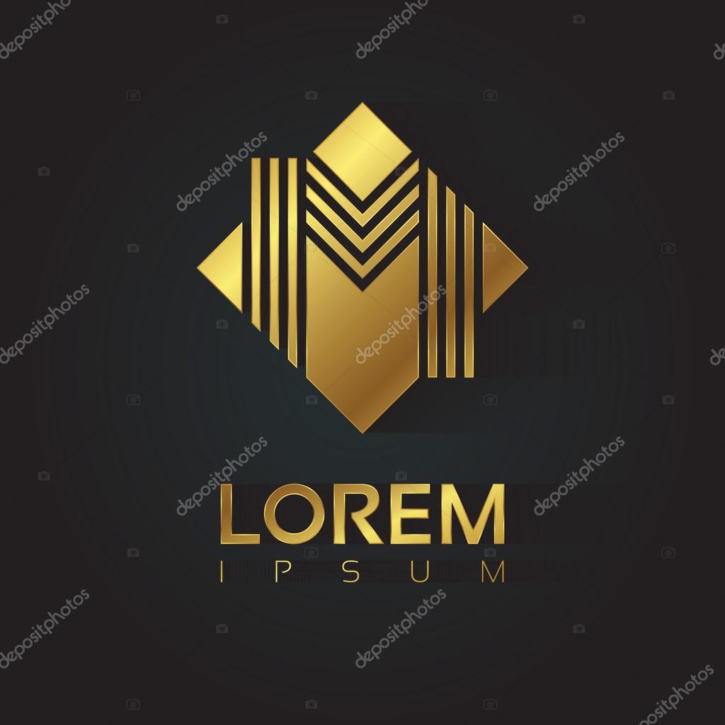 Vector graphic golden square alphabet symbol with striped letter. Letter M