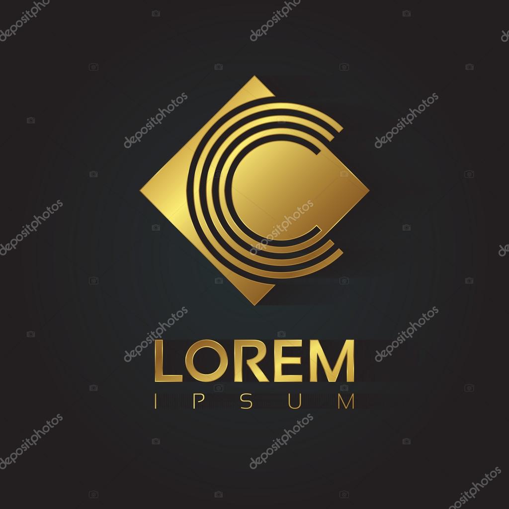 Vector graphic golden square alphabet symbol with striped letter. Letter C