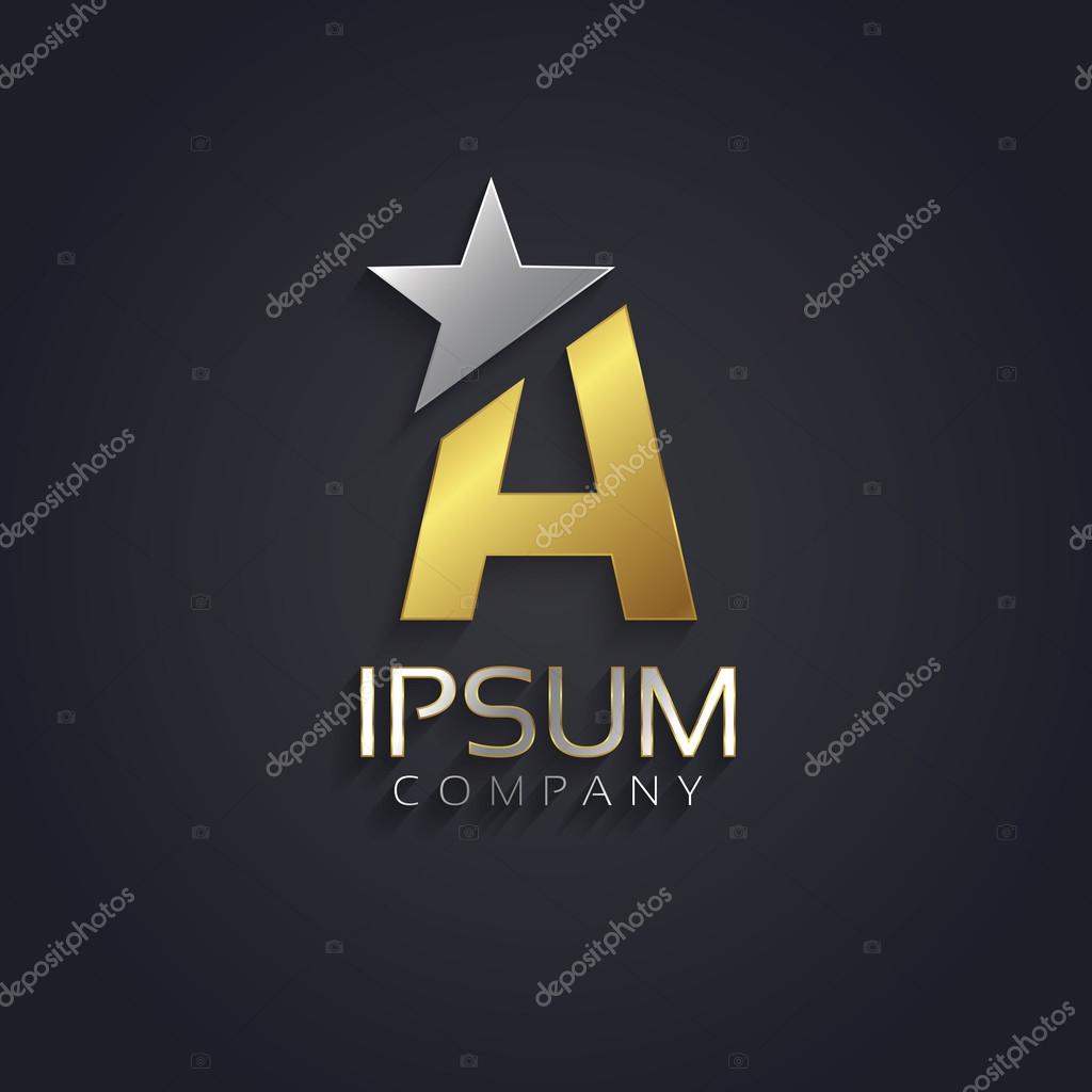 Vector graphic elegant sliced alphabet symbol with star element on top in silver and gold color with sample text  Letter A