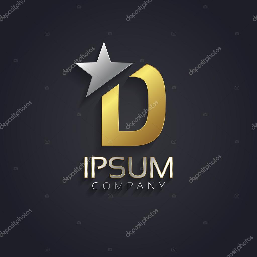 Vector graphic elegant sliced alphabet symbol with star element on top in silver and gold color with sample text  Letter D