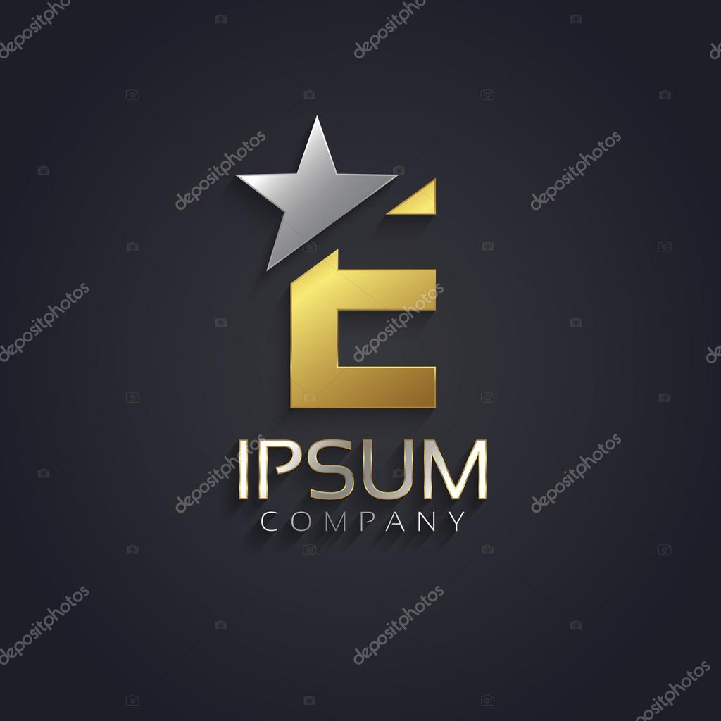 Vector graphic elegant sliced alphabet symbol with star element on top in silver and gold color with sample text  Letter E