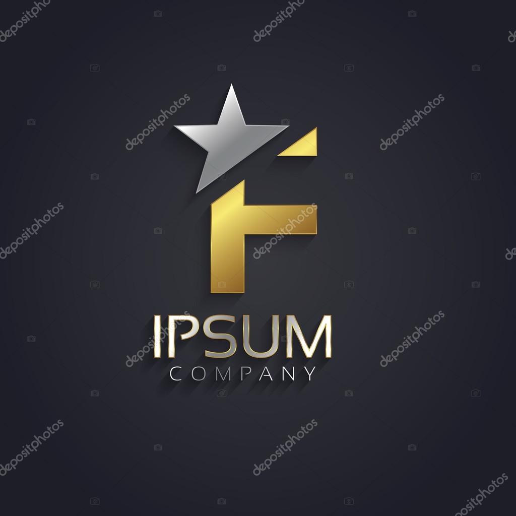 Vector graphic elegant sliced alphabet symbol with star element on top in silver and gold color with sample text  Letter F