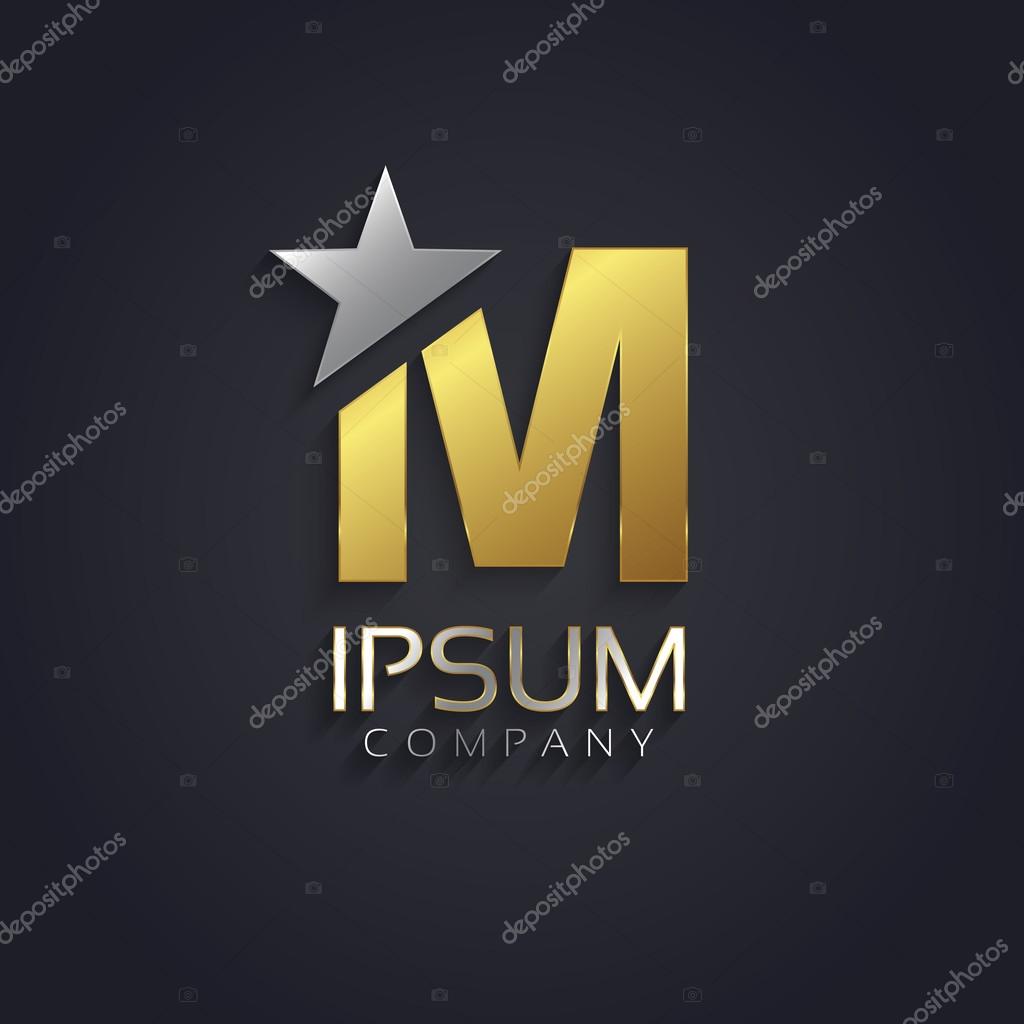 Vector graphic elegant sliced alphabet symbol with star element on top in silver and gold color with sample text  Letter M