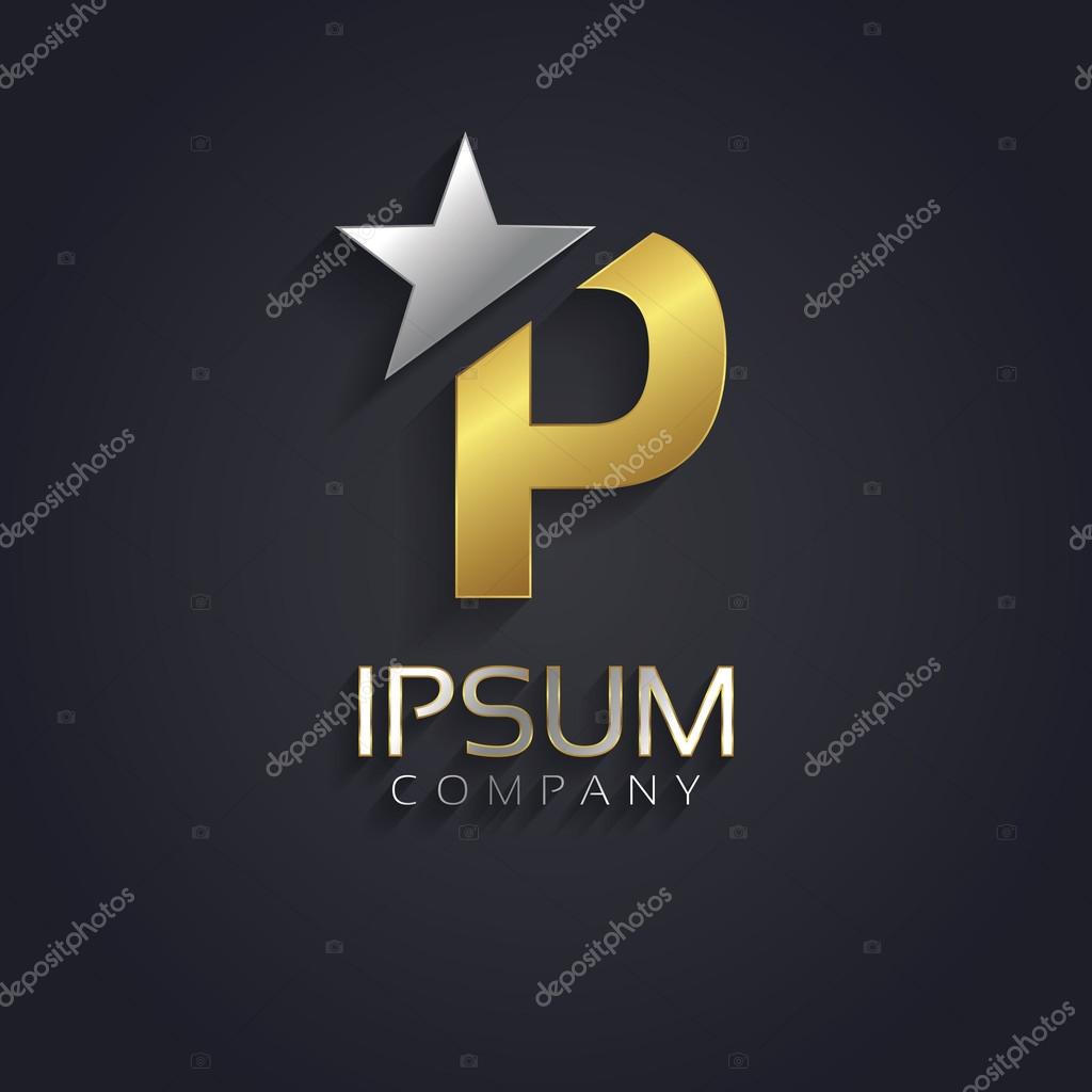 Vector graphic elegant sliced alphabet symbol with star element on top in silver and gold color with sample text  Letter P