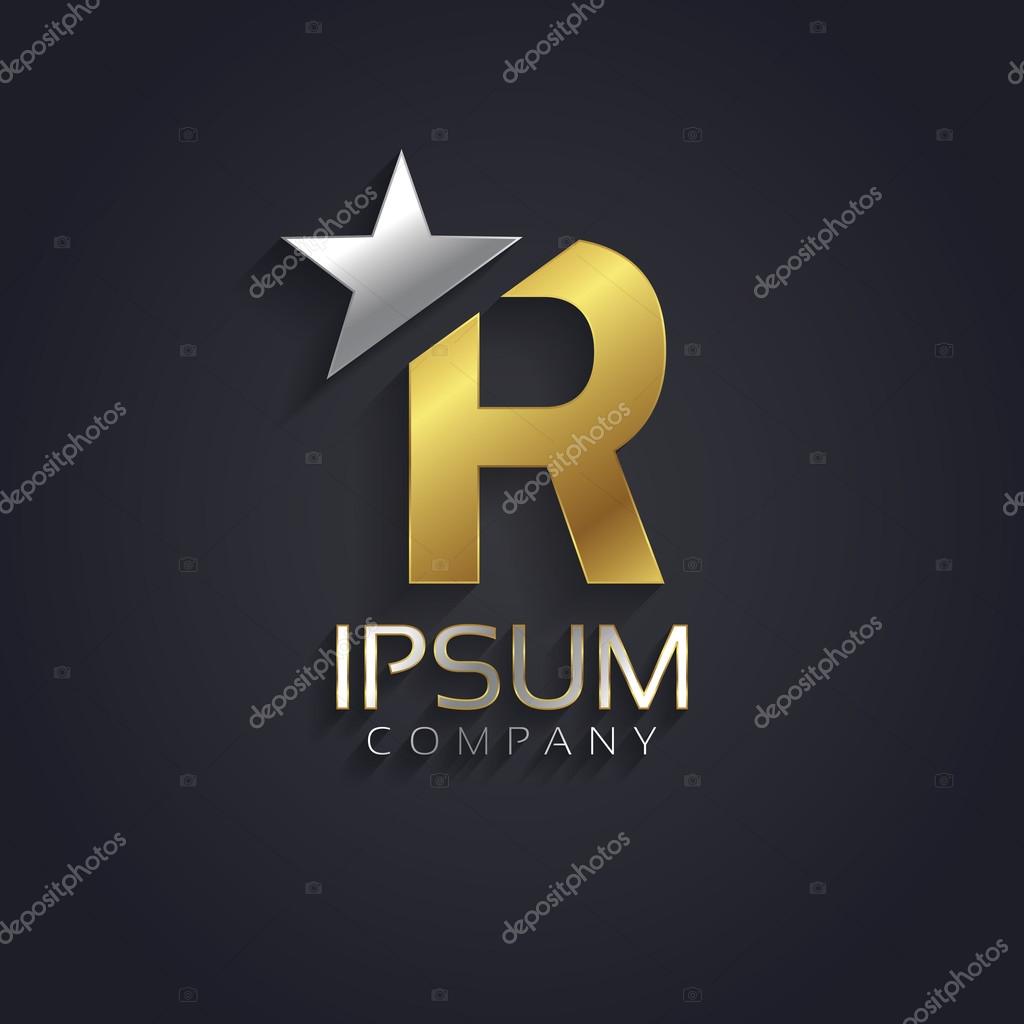 Vector graphic elegant sliced alphabet symbol with star element on top in silver and gold color with sample text  Letter R