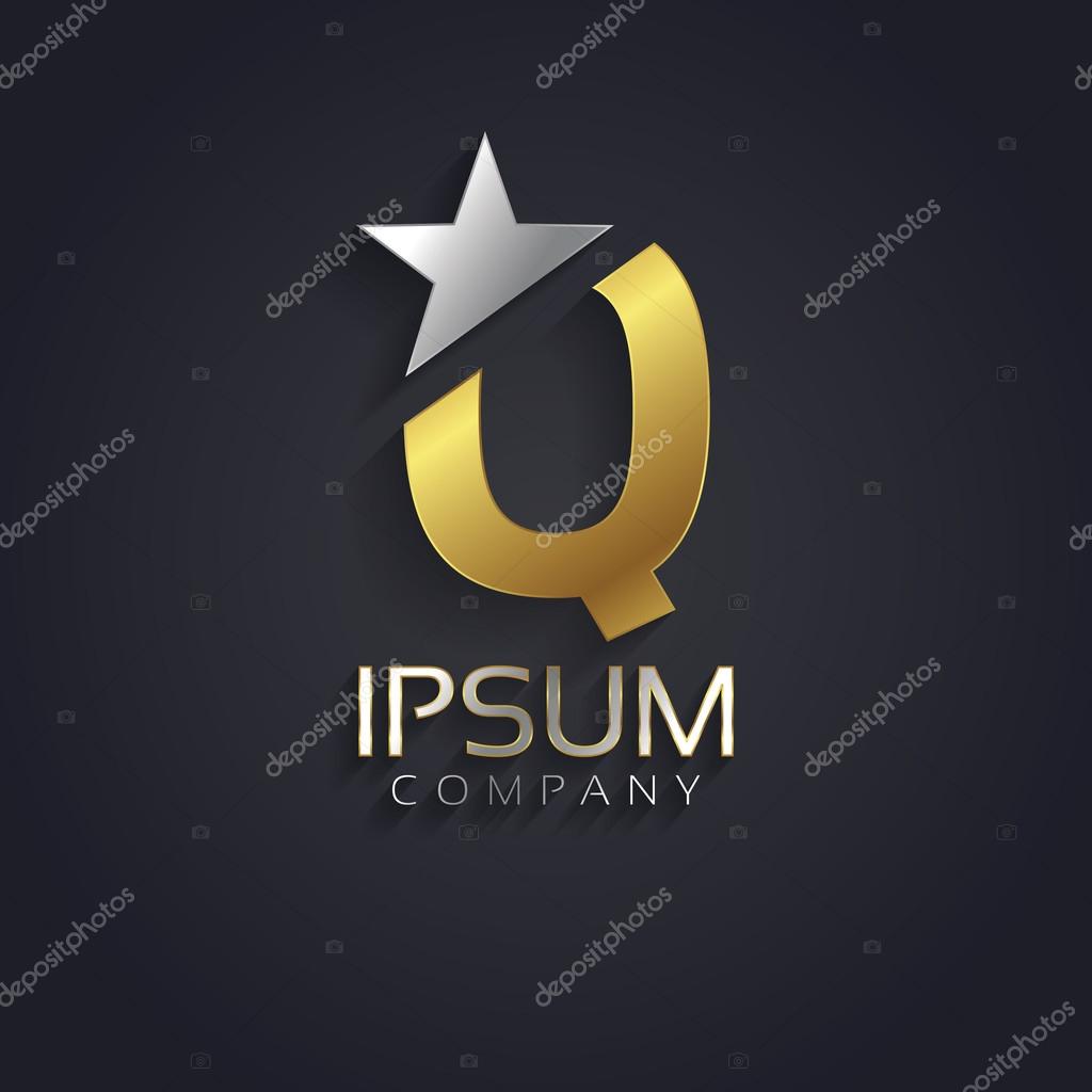 Vector graphic elegant sliced alphabet symbol with star element on top in silver and gold color with sample text  Letter Q