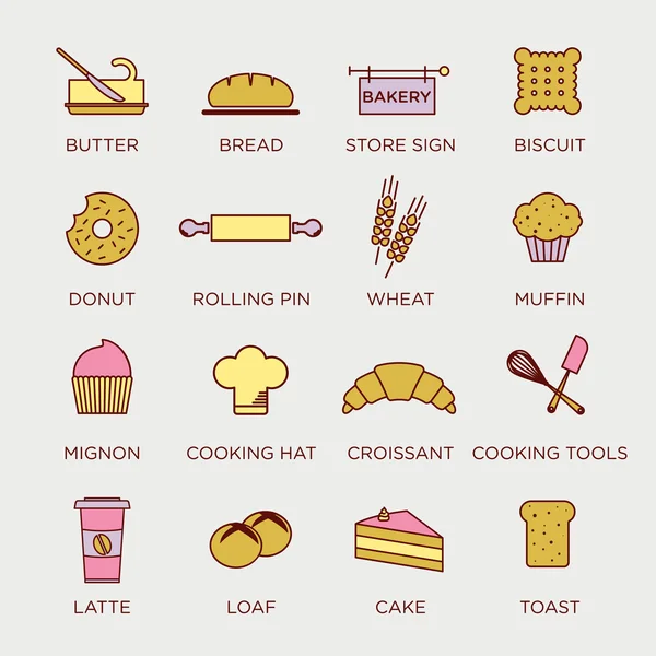 Iconos coloridos de productos de panadería — Vector de stock