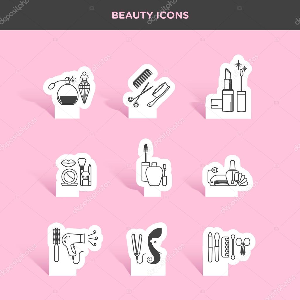 Beauty, cosmetics, and healthcare products stickers icons set. vector illustration