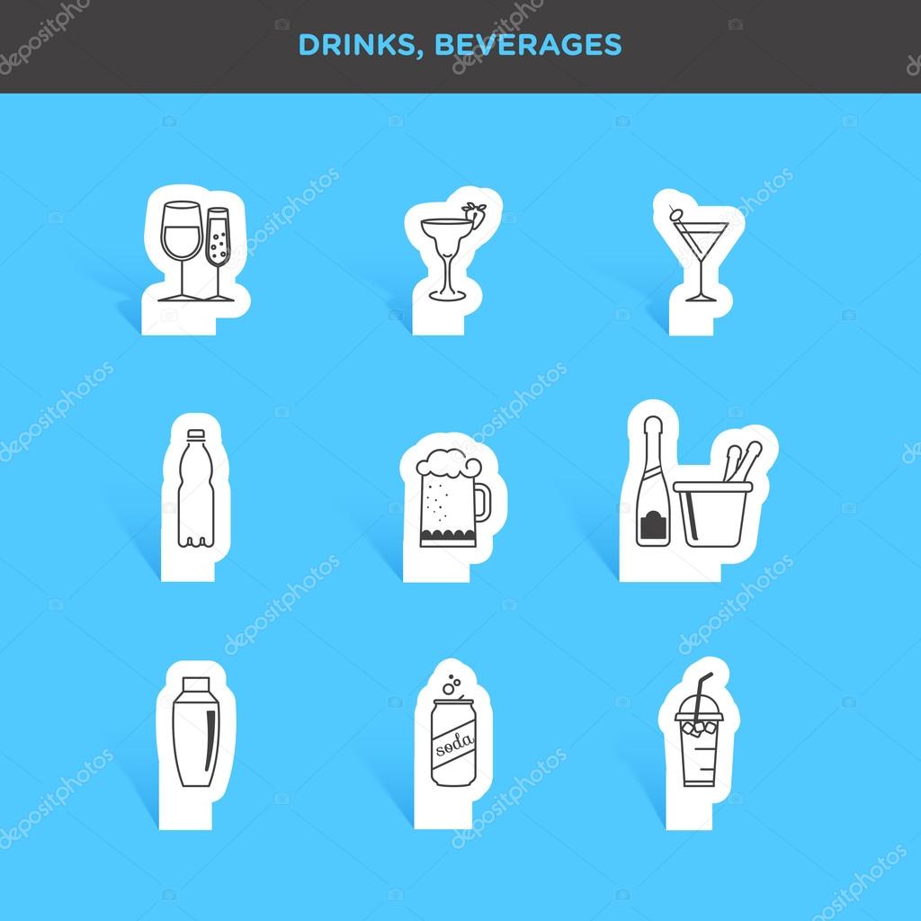 Drinks, beverages line stickers icons set. vector illustration