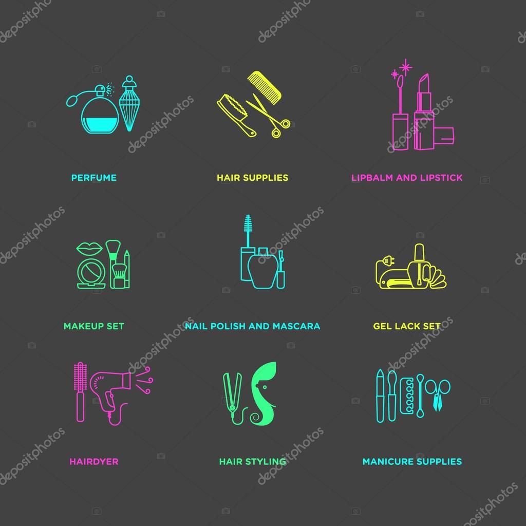 Beauty, cosmetics, and healthcare products negative neon icons set. vector illustration