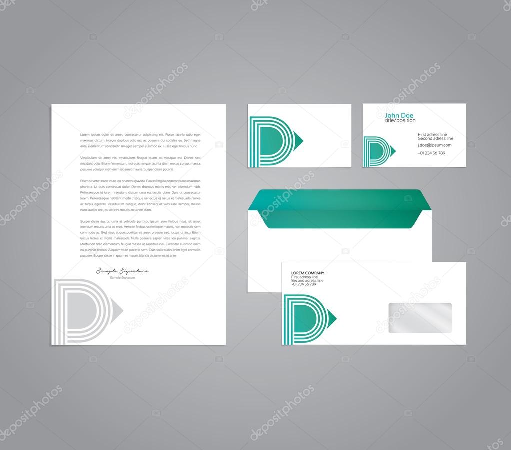 Classic and professional stationery template design for your company with a business card, letter and envelope. Square alphabet letter D