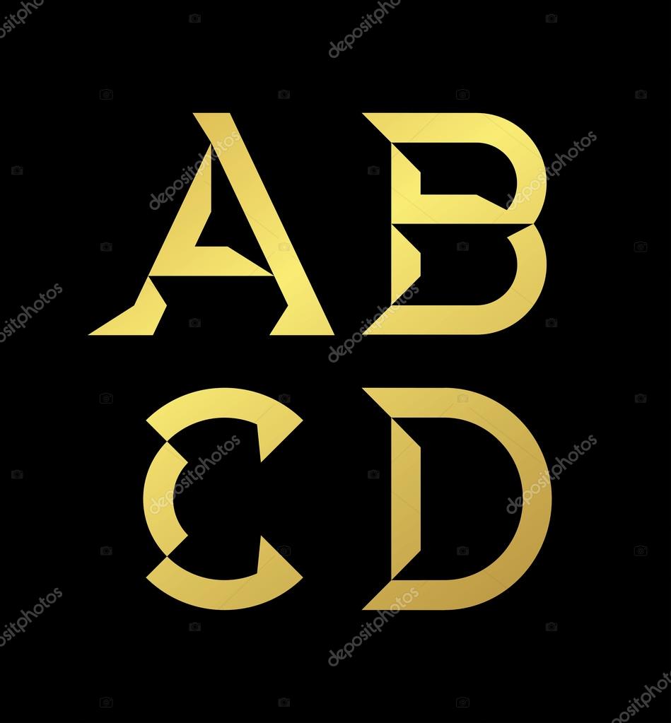 Vector graphic alphabet in a set in golden color and minimal design on isolated black background. Letters A, B, C, D