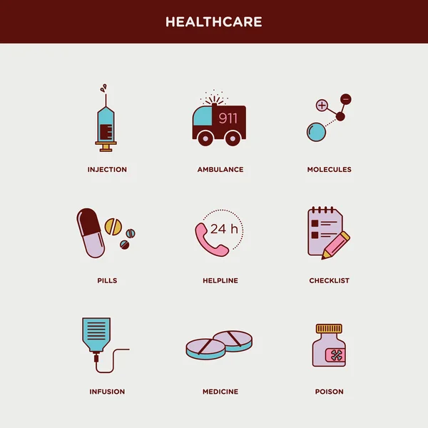 Cuidados de saúde, conjunto de ícones de medicina — Vetor de Stock