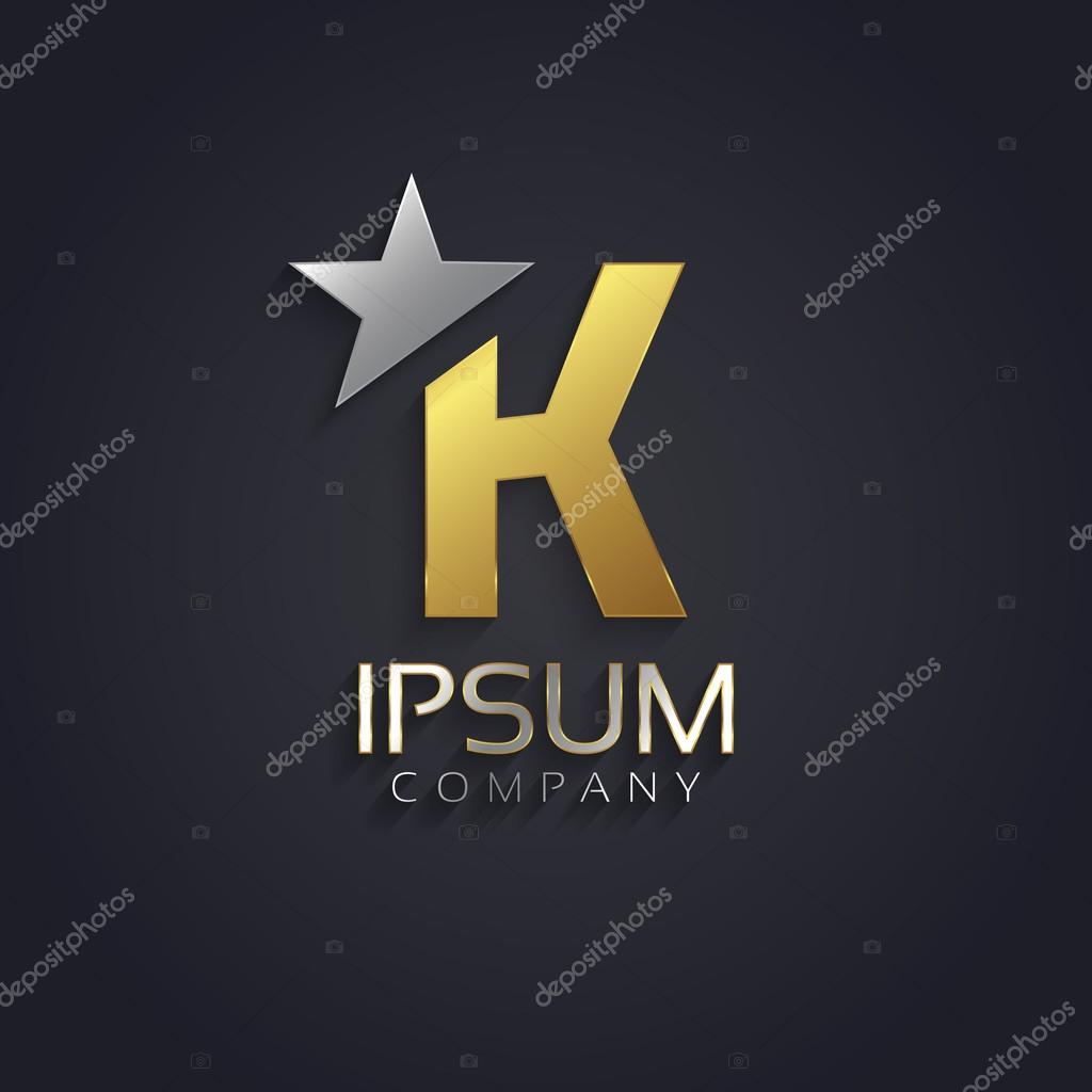 Vector graphic elegant sliced alphabet symbol with star element on top in silver and gold color with sample text. Letter K