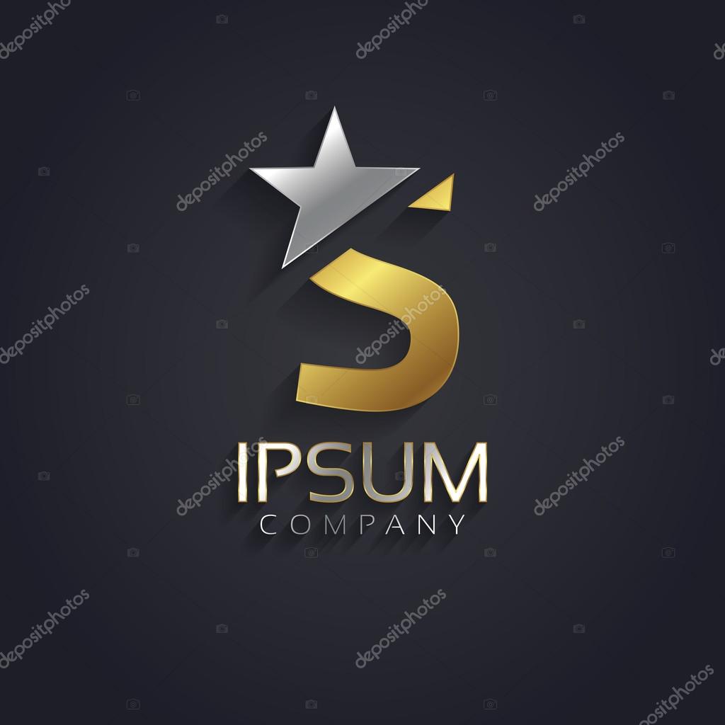 Vector graphic elegant sliced alphabet symbol with star element on top in silver and gold color with sample text. Letter S