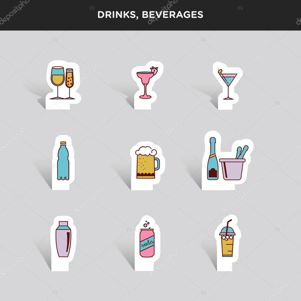 Vector graphic colored icon sticker set of drinks and beverages