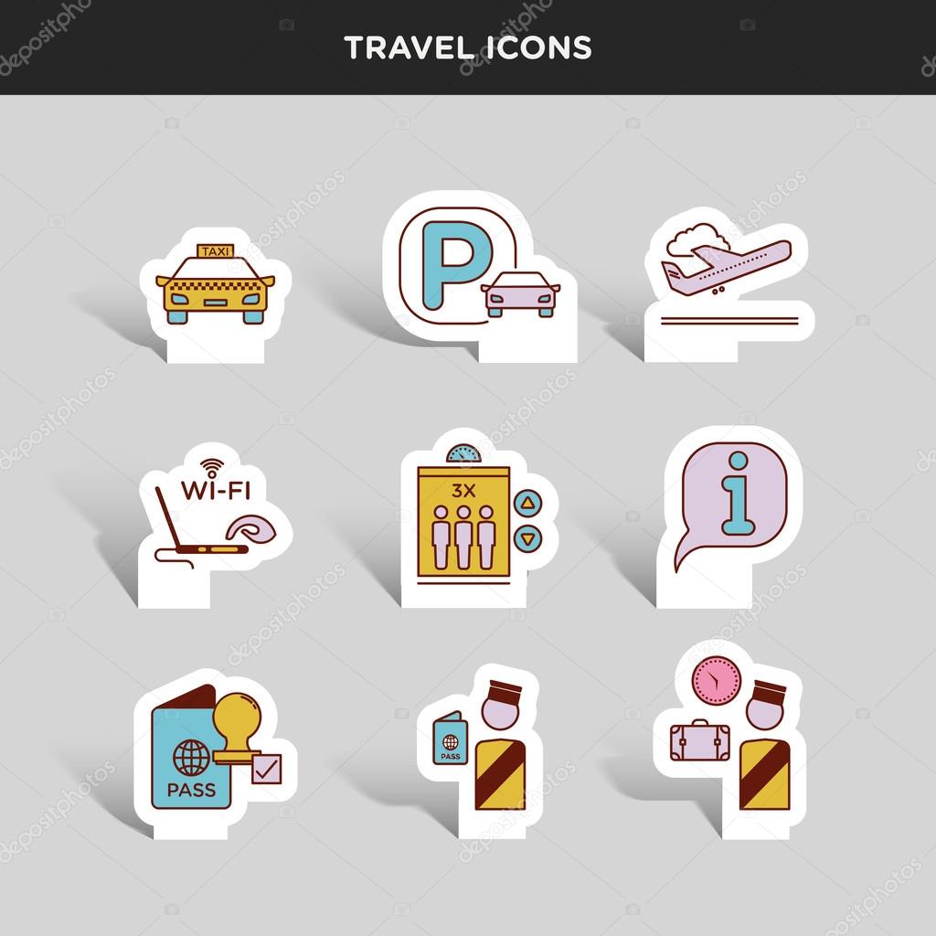 Vector graphic colored icon sticker set of traveling and airport