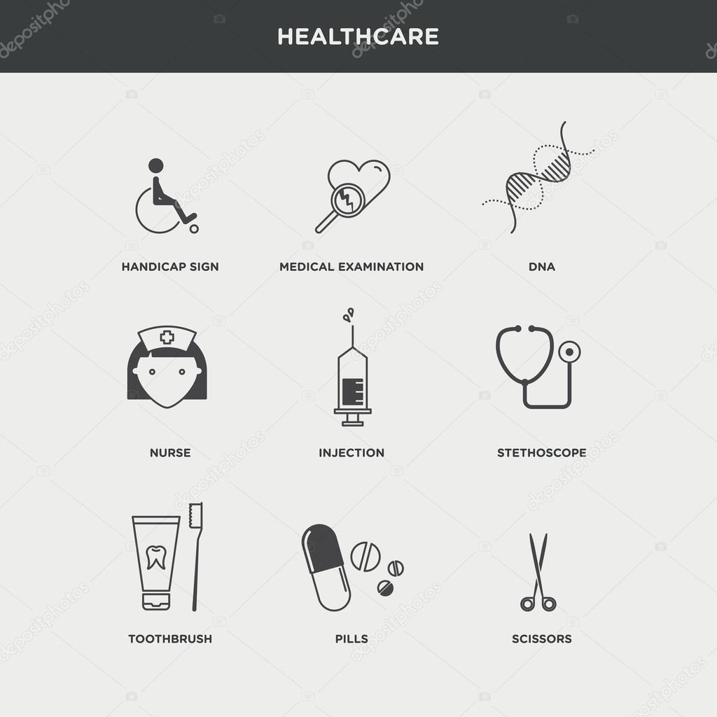 set of medical supplies and health care