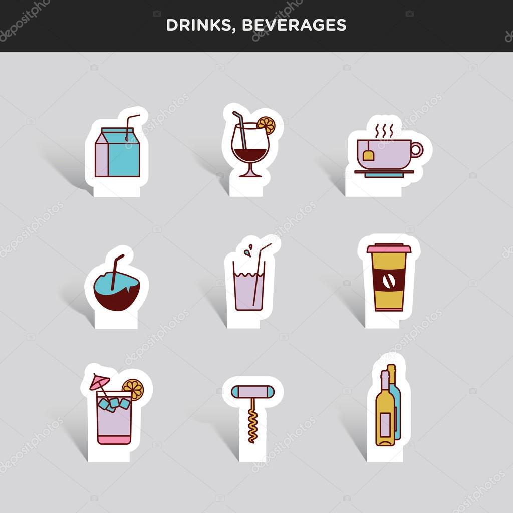 Vector graphic colored icon sticker set of drinks and beverages