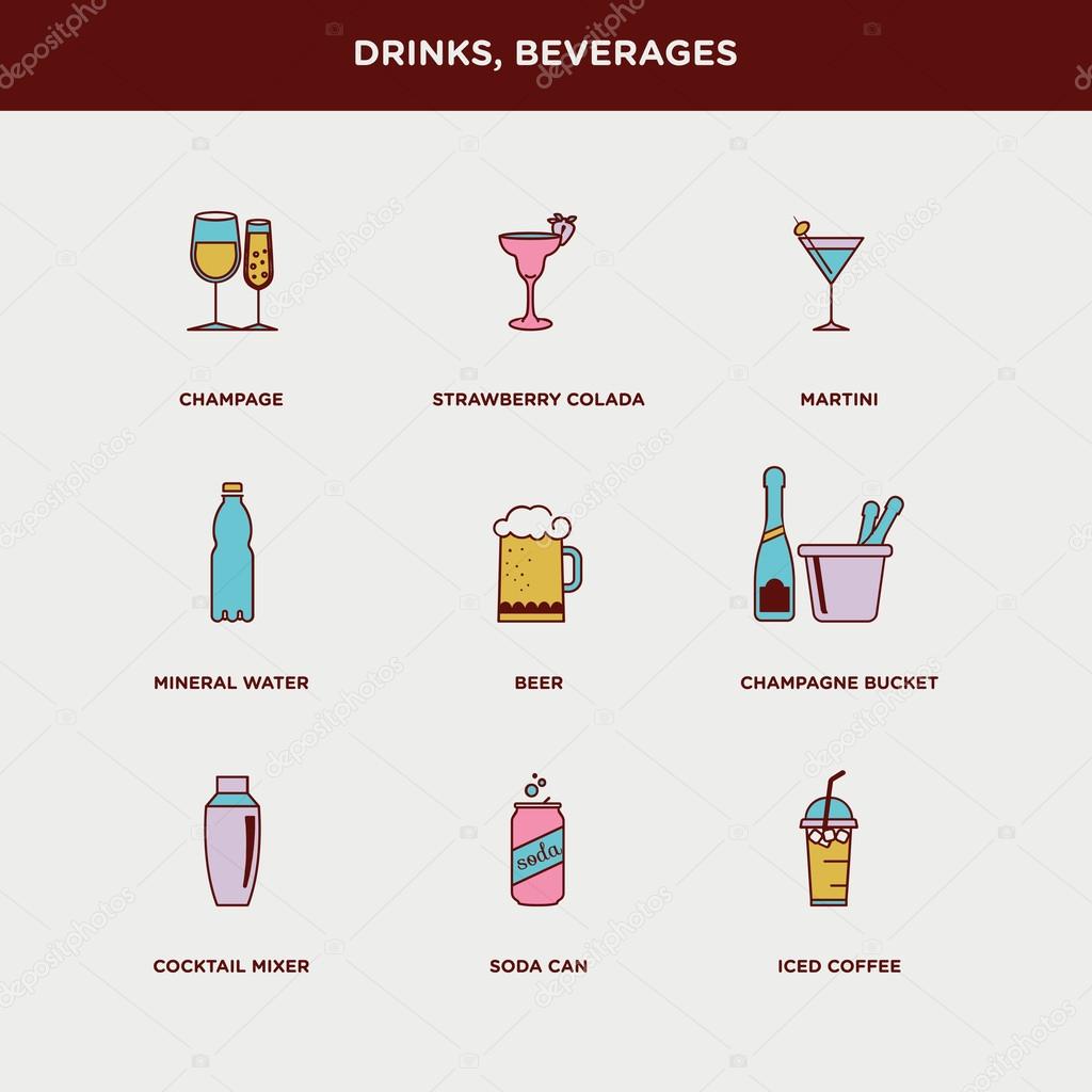 Vector graphic colored icon sticker set of drinks and beverages