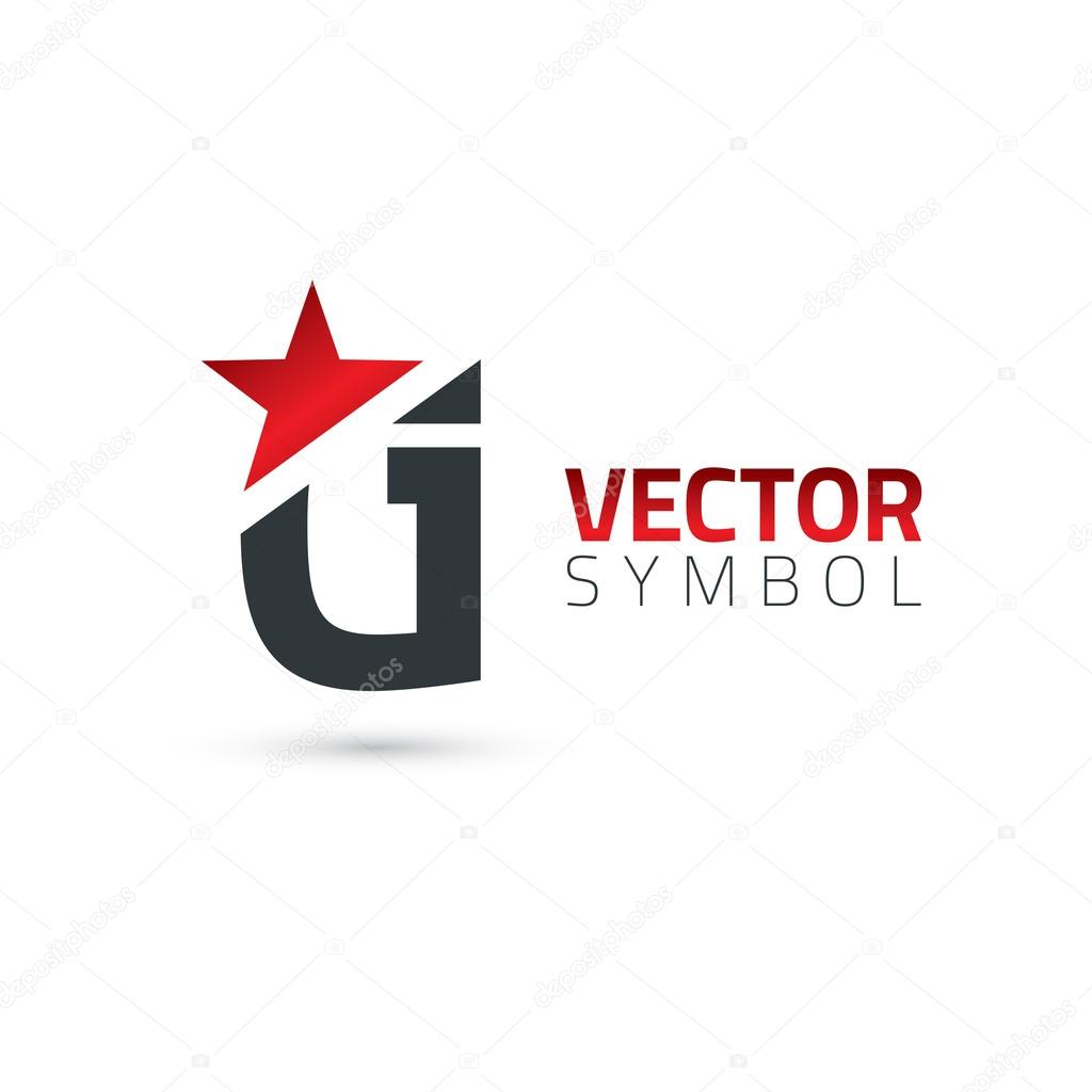 Vector graphic elegant sliced alphabet symbol with star element on top. Letter G