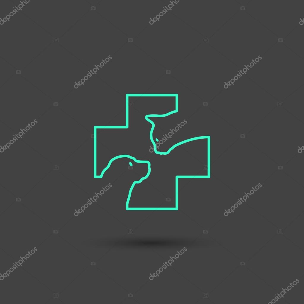 Vector graphic vet icon with a cat and a dog in a cross in minimal style, line symbols in negative color