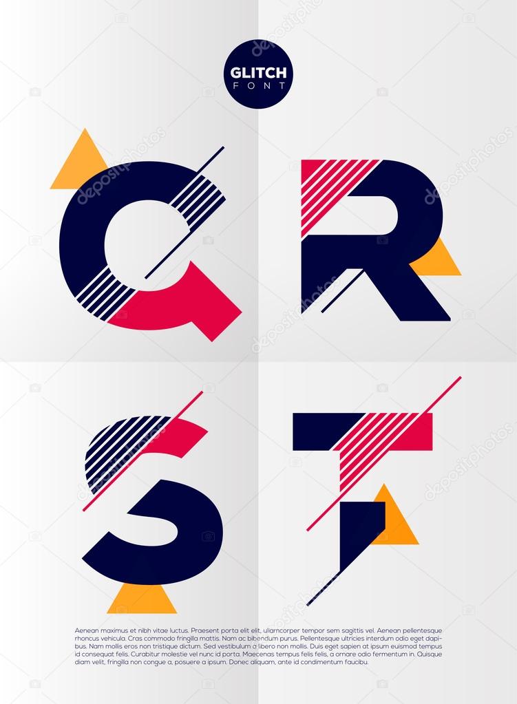 Typographic alphabet in a set. Contains vibrant colors and minimal design on a minimal abstract background. Q, R, S, T