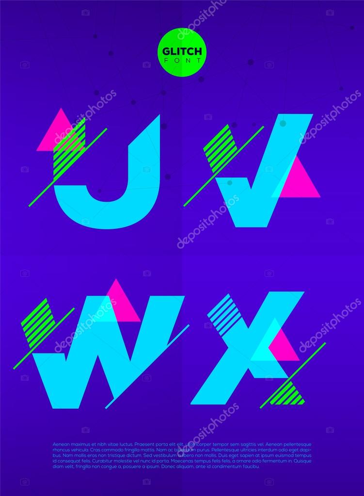 Typographic alphabet in a set. Contains vibrant colors and minimal design on a minimal abstract background.  U, V, W, X