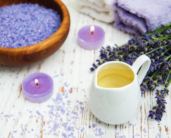 Lavender, garam laut dan lilin — Stok Foto