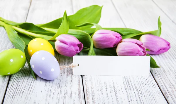 Tulip bouquet and blank greeting easter card — Stock Photo, Image