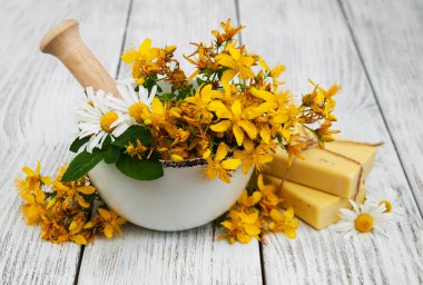 Tutsan çiçekler ve harç sabun ile