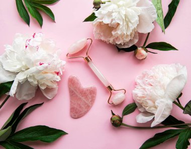 Yüz masajı terapisi, masaj yağları ve pembe şakayıklar için yeşim bir yüz silindiri. Pembe pastel arka planda düz uzandı