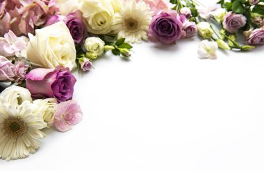 Beyaz arkaplandaki çiçeklerin iskeleti. Düz yatıyordu.