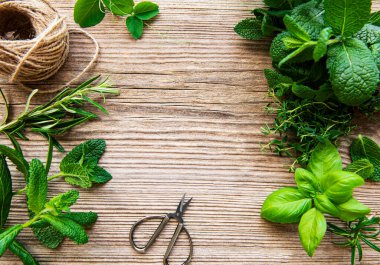 Eski bir masada bahçeden taze bitkilerin karışımı.