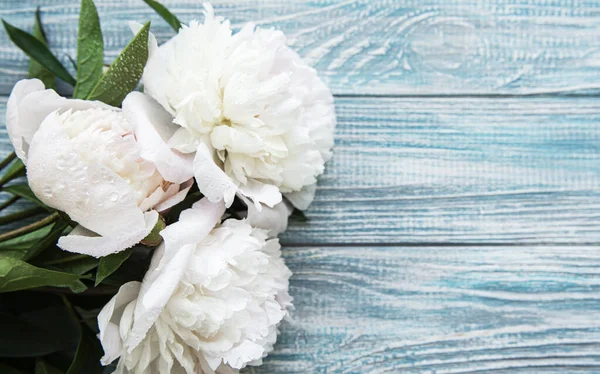 Taze açık pembe şakayık çiçekleri. Mavi ahşap zemin üzerinde kopyalama alanı var.. 