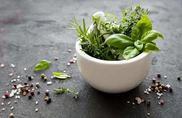 Bunch Aromatic Herbs Mortar Black Concrete Background — Stock Photo, Image