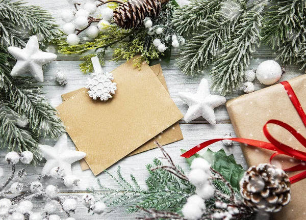 Christmas Greeting Card Letter Envelope Tree Flatlay White Wooden Background — Stock Photo, Image
