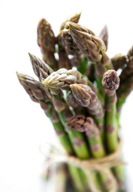 Taze yeşil kuşkonmaz beyaz arka planda izole edilmiş.