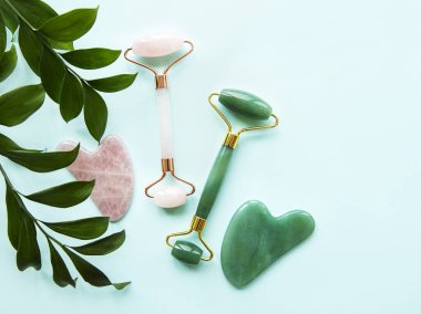 Pastel yeşil arka planda yüz masajı yeşili silindiri.